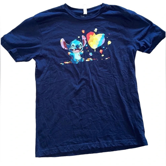 Disney Teeturtle Stitch Rainbow Heart T-Shirt Blue Size Medium Color Splatter - Picture 1 of 6